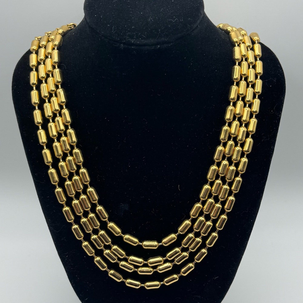 Vintage Gold-Tone Multi-Strand Beaded Necklace Cylinder Beads/ Ornate Ends